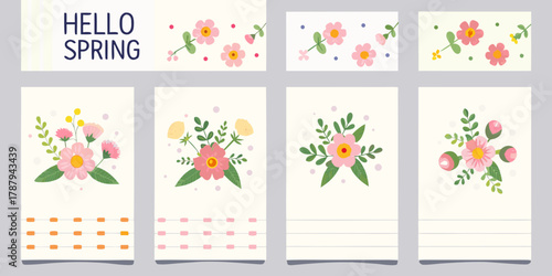 Collection of hello spring floral illustrations with decorative borders and text elements
