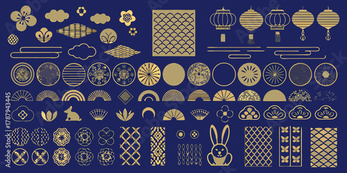 Collection of golden oriental decorative elements and symbols on dark blue background