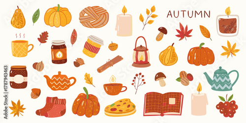 Cozy autumn elements collection featuring pumpkins leaves hot drinks and candles