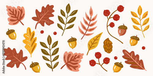 Collection of autumn leaves acorns and berries in warm earthy tones