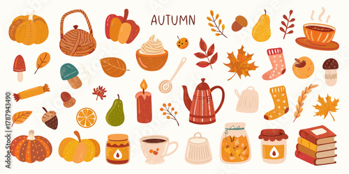 Cozy autumn elements collection featuring pumpkins leaves hot drinks and books