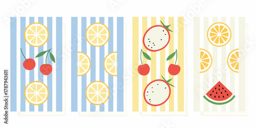 A delightful collection of colorful fruit patterns on striped backgrounds featuring lemons cherries dragon fruit and watermelon slices