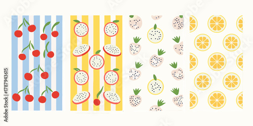 Four distinct fruit patterns featuring cherries dragon fruit and lemons on striped and white backgrounds