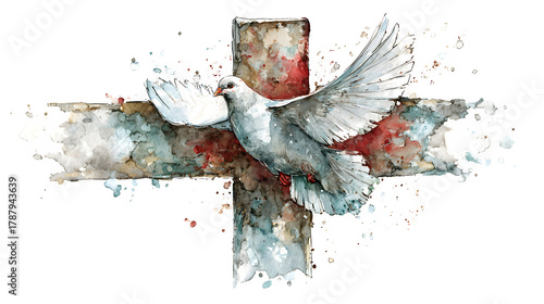 Christian cross watercolor illustration with dove of peace isolated on white background