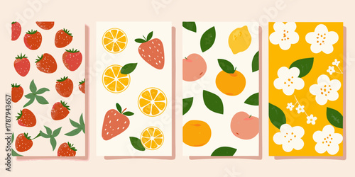 Vibrant collection of fresh fruits and flowers in a flat design style