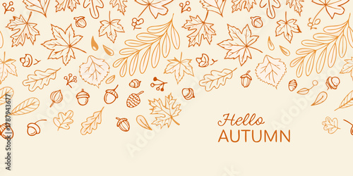 Whimsical hand drawn autumn leaves and acorns border with hello autumn text