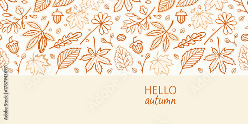 Hand drawn autumn leaves and acorns border with hello autumn text on beige background