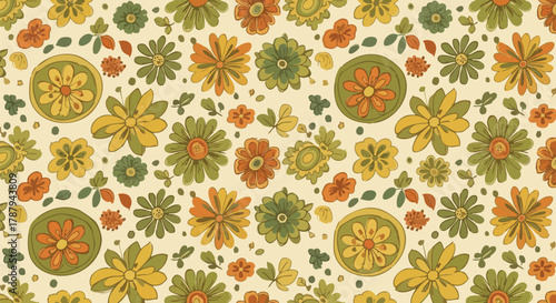Retro floral pattern with muted earth tones and whimsical botanical elements, perfect for vintage-inspired designs