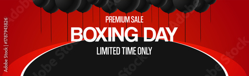Boxing day sale banner. Red and black background with flying balloons. Wide background for Boxing day special offers, web and online shop headers
