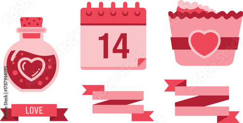 Valentine's day love potion, calendar, cupcake, ribbon icons.