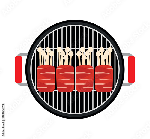 Korean barbecue with enoki beef rolls cooked on grill pan vector illustration