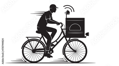 Speedy delivery man rides a bicycle with a box, offering quick and reliable service, ready to deliver food, parcels, or packages with speed and efficiency, perfect for businesses and logistics needs