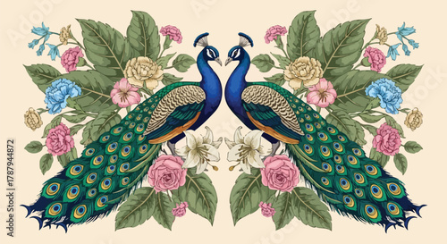 Elegant pair of peacocks surrounded by delicate blooming flowers and lush green foliage, a regal depiction of natural beauty and symmetry