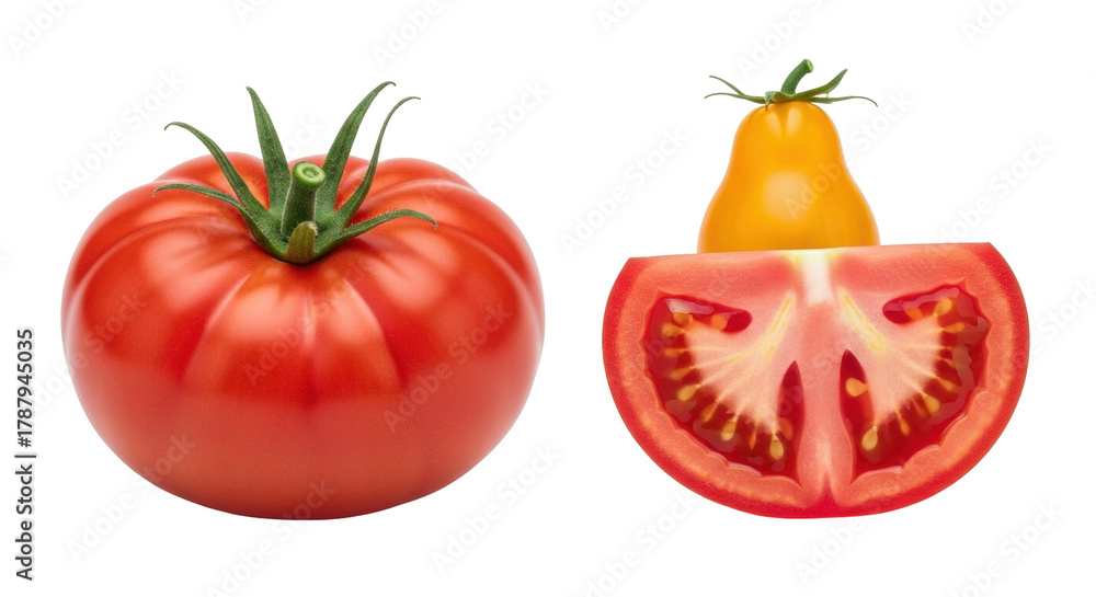 Fototapeta premium Isolated Bright Red Tomato with a Pear Tomato Half and Slice on a Plain Surface