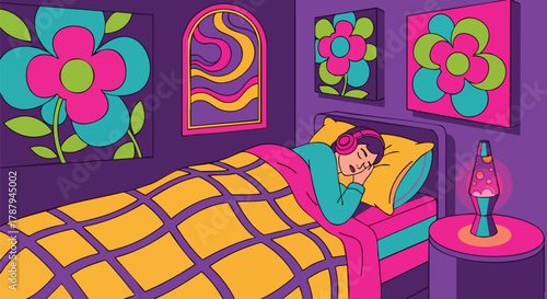 Vibrant Psychedelic Bedroom Scene with a Person Sleeping Under a Colorful Blanket and a Retro Lava Lamp