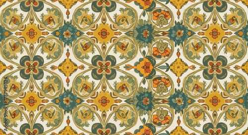 Intricate vintage damask wallpaper pattern with ornate floral and geometric motifs in muted earthy tones of ochre, teal, and cream