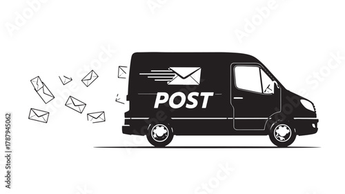 Speedy post delivery van with flying letters for your shipping and mailing needs, showcasing efficient logistics and prompt service, ideal for business or personal use