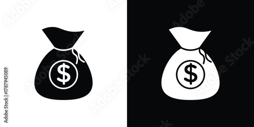 Money bag icon in solid silhouette set. Vector Illustration.