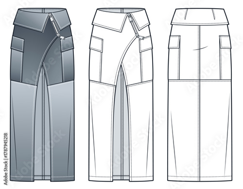Asymmetrical Denim maxi Skirt fashion flat sketch. Front slit Zip Skirt fashion flat technical drawing template, front and back view, white, grey, women CAD mockup set.