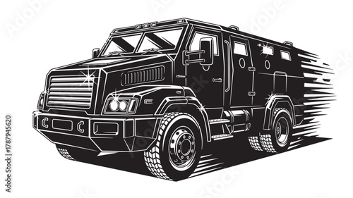 Powerful armored truck speeding forward in black and white, a symbol of security and strength, perfect for illustrating protection services and high-security transport solutions
