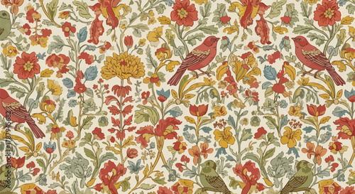 Exquisite floral pattern with charming birds perched amidst blooming flowers, creating a vibrant and whimsical scene