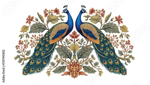 Exquisite Peacock Pair Adorned with Floral Embellishments, Evoking Regal Beauty and Natural Splendor