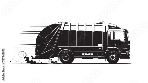 Dynamic black and white garbage truck speeding down the street, perfect for waste management ads or environmental awareness campaigns, showcasing efficiency and urban cleanliness