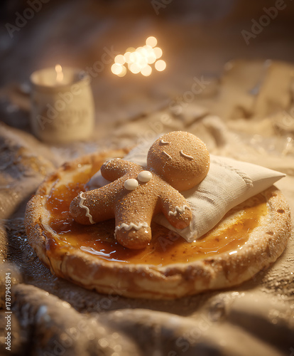A cozy and funny Christmas breakfast scene where a gingerbread man lies on a pancake like he’s napping, wrapped in syrup as if it’s his comfy blanket. Sweet, warm, and adorable.