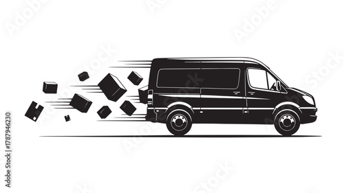 Speedy black delivery van in motion with flying packages for fast shipping service promotions, express delivery solutions, or urgent logistics campaigns to highlight quick transport