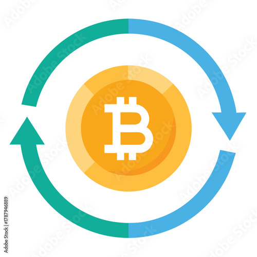 Bitcoin cryptocurrency coin with green and blue arrows isolated on white background