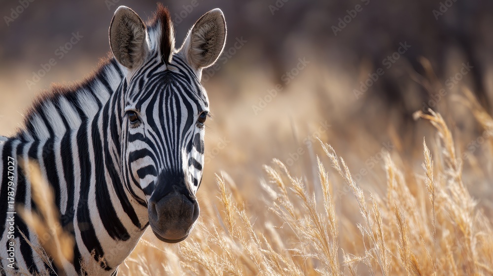 Obraz premium A zebra in South Africa s wilderness its bold stripes contrasting with golden grass highlights the allure of nature s wild beauty
