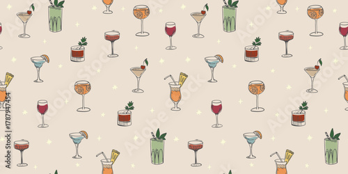Seamless cocktail pattern. Hand drawn drinks on beige background for birthday, party, celebration