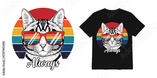 Always cat wearing sunglasses illustration on vintage striped sunset T-shirt.