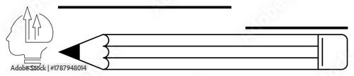 Pencil with eraser, arrows emerging from the brain in light bulb shape, straight lines. Ideal for creativity, education, innovation, writing, learning, problem-solving simple flat metaphor