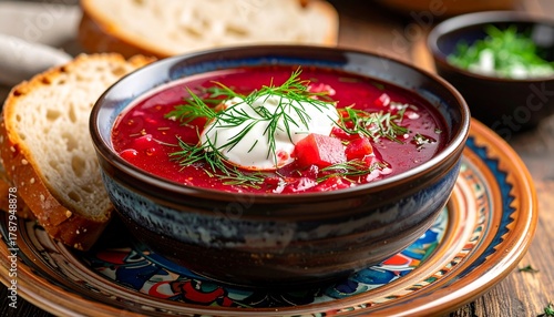 Fototapeta Naklejka Na Ścianę i Meble -  Bowl of borscht with bread and sour cream.