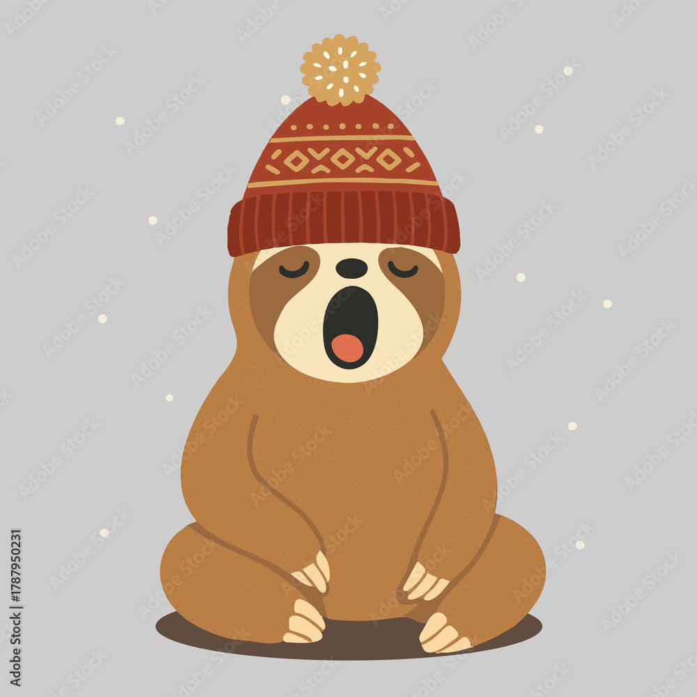 Naklejka premium Niedliche Vektorillustration eines gähnenden Faultiers mit Wintermütze. Lustiges, warmes Motiv mit winterlicher Stimmung und sanften Farben – ideal für Themen wie Gemütlichkeit, Winter und Ruhe.
