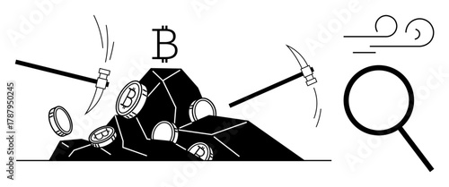 Pickaxes striking rocks releasing coins with cryptocurrency B and magnifying glass symbol. Ideal for blockchain, digital currency, technology, data mining, economy, wealth, simple flat metaphor