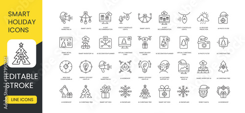 A set of vector icons representing AI-powered holiday technologies and smart seasonal solutions, created in line style with editable stroke