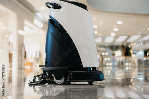 The robotic vacuum is cleaning the floor in the shopping mall.