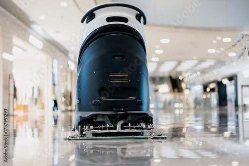 The robotic vacuum is cleaning the floor in the shopping mall.