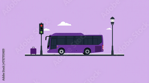 Modern purple bus at a city street corner with traffic light