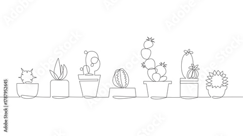 Continuous Line Drawing of Vector Set of Cute Cactus Black and White Sketch House Plants Isolated on White Background. Potted Cactus Family One Line Hand Drawn Illustration
