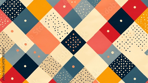 This is a vibrant seamless background featuring an abstract geometrical design in a retro style with bold colors and dot patterns. Perfect for adding a cheerful feel to any project.
