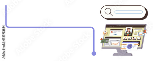 Computer screen displaying organized data graphs, user profile, and notes with a prominent search bar. Ideal for technology, data analysis, productivity, user interface, information management