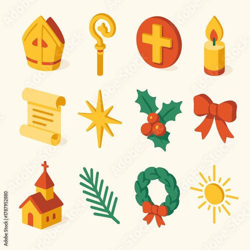 Vibrant Bishop Icon Set. Holy Bishop Symbols modern flat icon set: golden mitre, ornate staff, cross emblem, candle flame, scroll, starburst, holly, ribbon, church silhouette, pine
