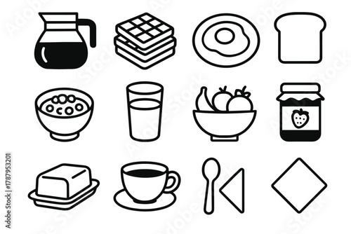 Breakfast Icons Layout. Morning Breakfast outline icon set: coffee pot, stack of waffles, egg on plate, toast slice, bowl of cereal, glass of milk, fruit bowl, jam jar, butter dish