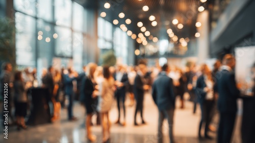 blurred shot of business people at party or corporate event in office center