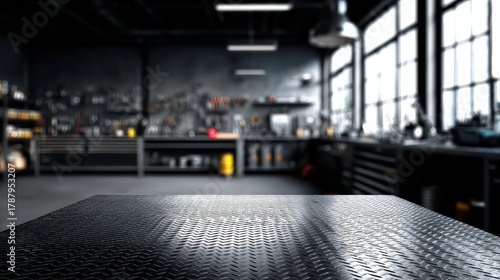 black metal table surface in a car repair workshop blurred background shows the shop interior with tools shelves windows workshop table for product display or advertisement