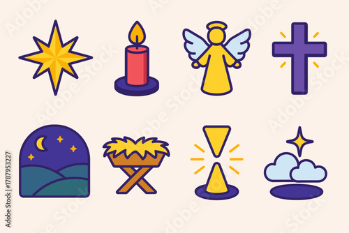 Christmas Icon Set. Holy Light of Christmas modern flat icon set: shining star, candle, angel, cross, night horizon, manger, glowing beam, peaceful sky.