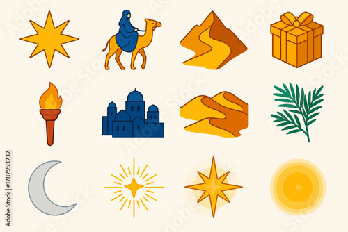 Isometric Journey Icons. Star-Guided Journey modern flat icon set: large star, camel rider, flowing robes, mountain path, golden gift, torch, skyline of Bethlehem, soft dunes, palm
